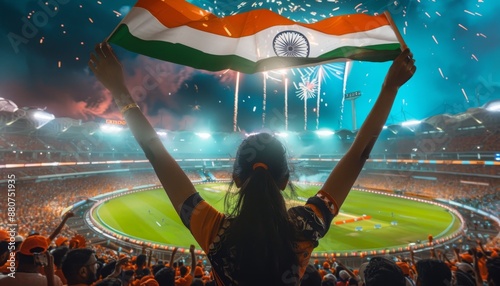 Cricket Fan Raising an Indian Flag in the Stadium
