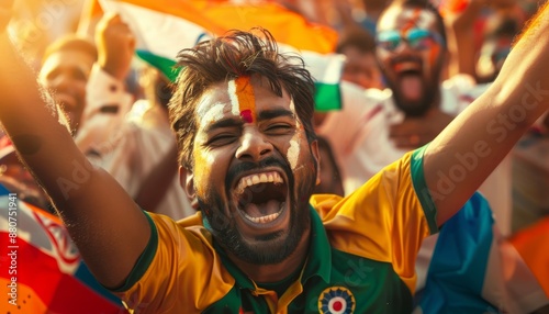 Indian Fan Celebrating a Point in a Cricket Stadium