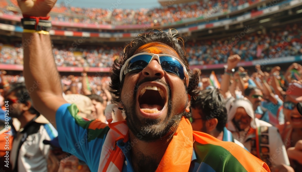 Fototapeta premium Indian Fan Celebrating a Point in a Cricket Stadium