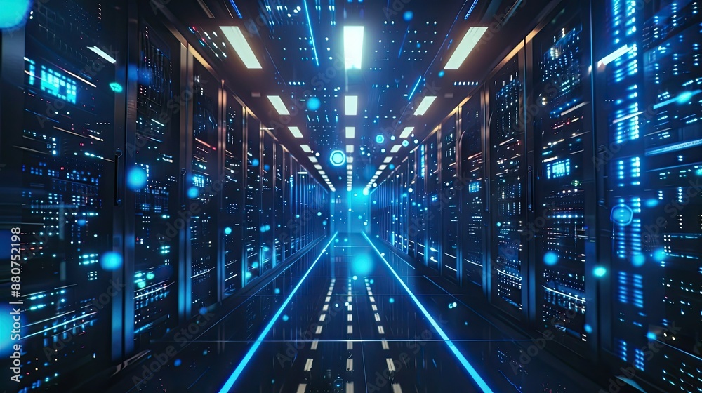 Futuristic Data Center with Towering Server Racks and Glowing Blue Lights