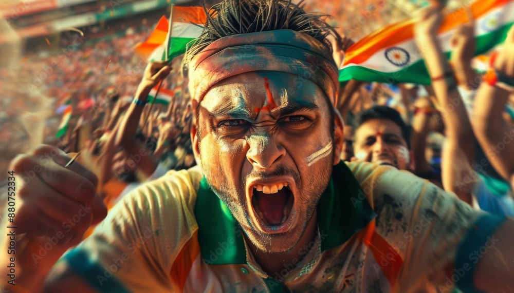 Indian Fan Celebrating a Point in a Cricket Stadium Indian Fan Celebrating a Point in a Cricket Stadium