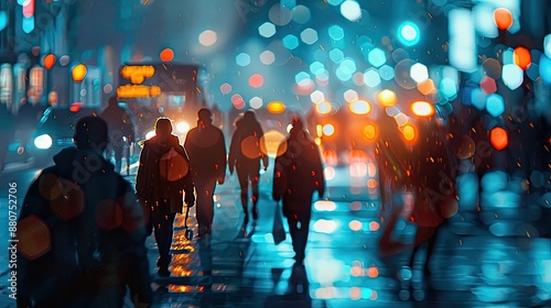 Silhouetted Figures Navigating the Lively Urban Streetscape at Night