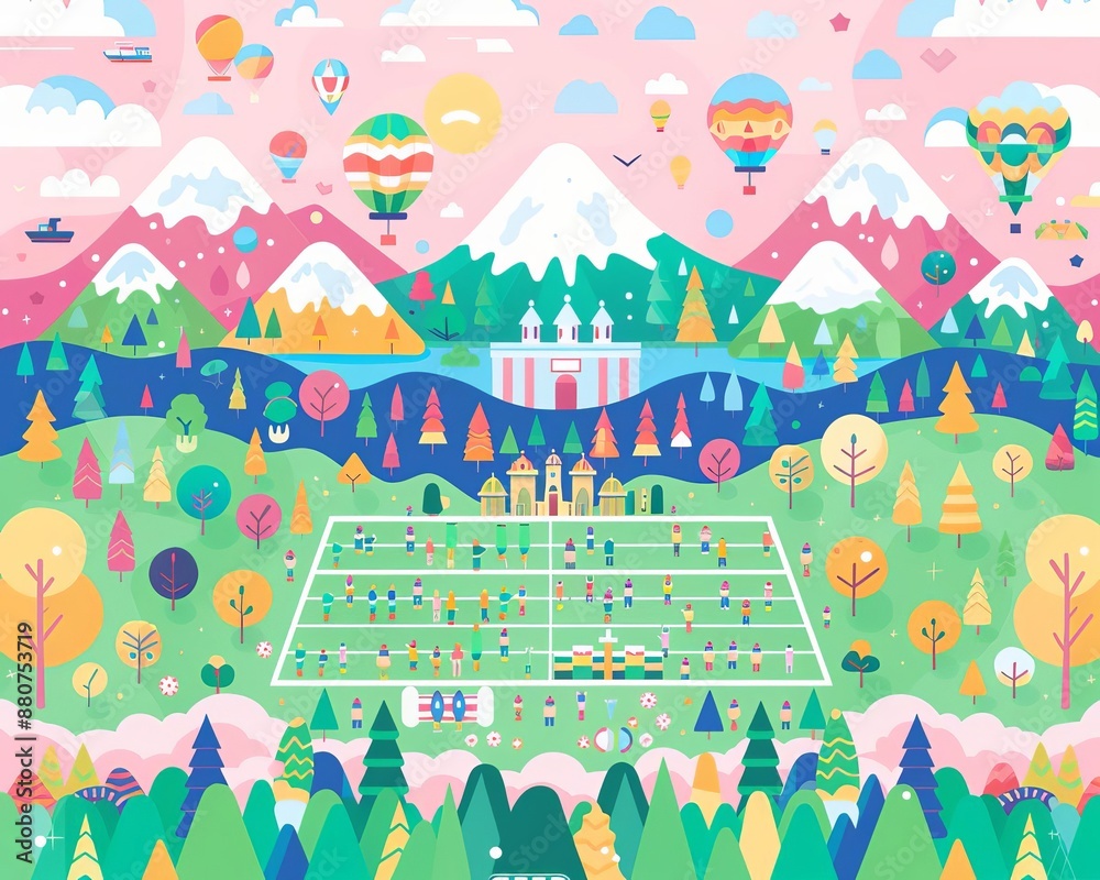 Obraz premium Sports field, world continents, silver award ceremony, flat design illustration