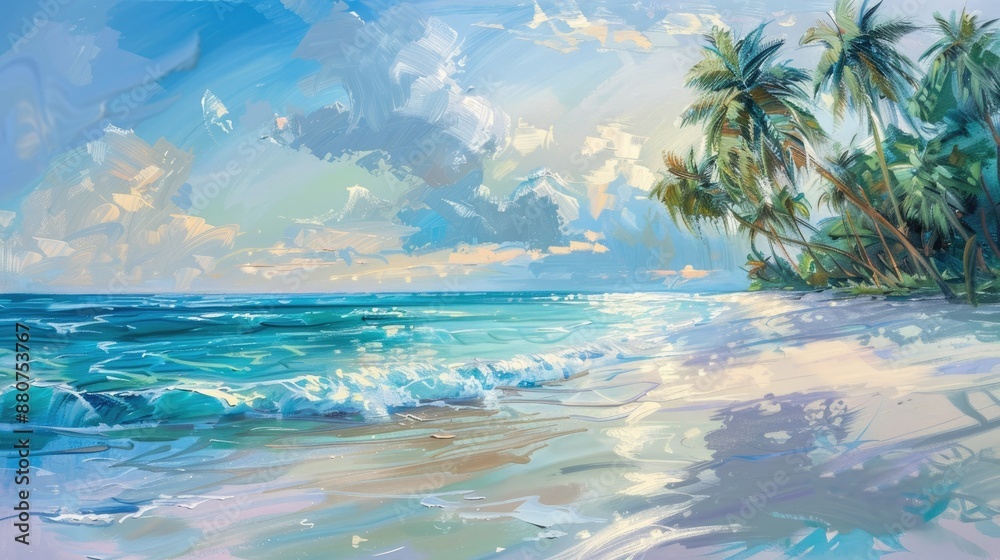 Fototapeta premium Picturesque Tropical Beachscape with Swaying Palm Trees and Tranquil Azure Waters at Dawn