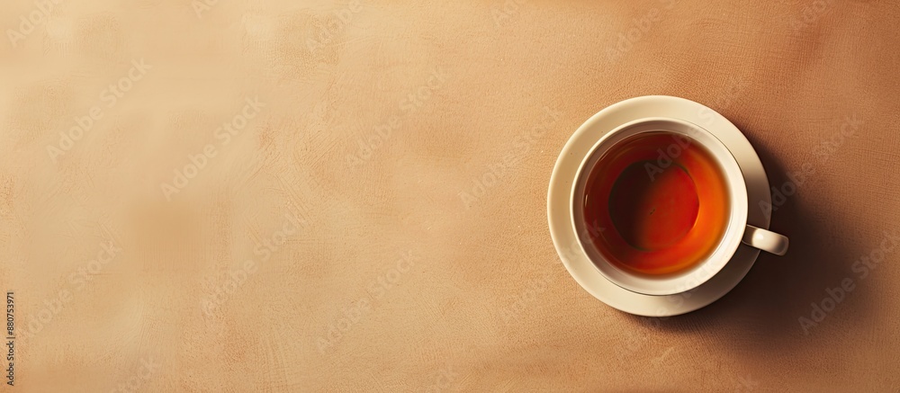 A cup of tea placed on a light brown background with copy space image A cup of tea placed on a light brown background with copy space image