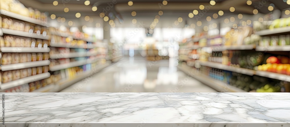 Marble top table displayed in a supermarket setting with blur background ideal for adding text or images to the copy space image Marble top table displayed in a supermarket setting with blur background ideal for adding text or images to the copy space image