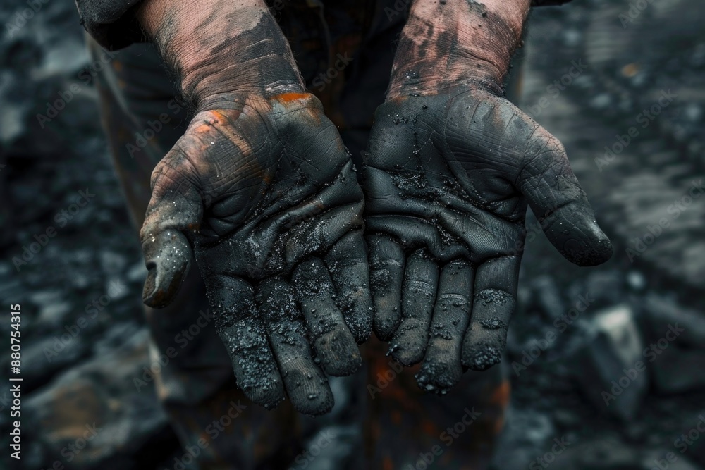 Worker Hands. Man at Work in Coal Mining Industry with Dirty Hands Worker Hands. Man at Work in Coal Mining Industry with Dirty Hands