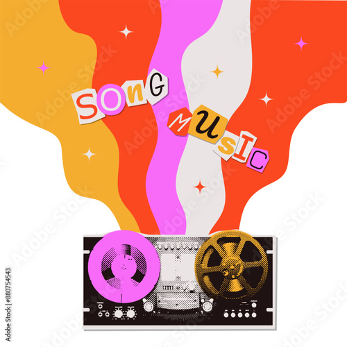 Halftone collate of reel-to-reel audio tape recorder with groovy wavy rainbow and cutout words. Retro pop art dotted texture effect music torn out paper sticker for mixed media design. Vector