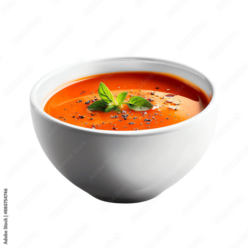 A bowl of delicious tomato soup garnished with fresh basil leaves, black pepper, and cream, perfect for a cozy meal., transparent background A bowl of delicious tomato soup garnished with fresh basil leaves, black pepper, and cream, perfect for a cozy meal., transparent background