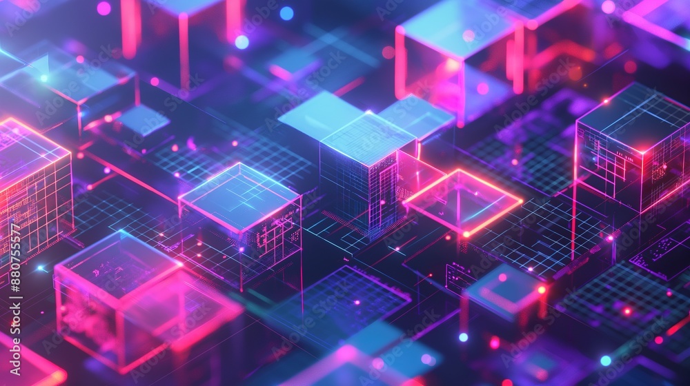 Abstract Technology Background with Purple and Blue Blocks Representing Blockchain Technology for Poster, Banner, and Web Design. Futuristic Digital Concept Abstract Technology Background with Purple and Blue Blocks Representing Blockchain Technology for Poster, Banner, and Web Design. Futuristic Digital Concept