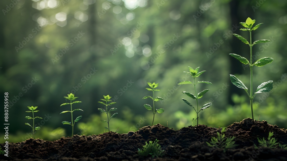 Five green saplings in a row, increasing in height from left to right, planted in rich soil with a soft-focus forest backdrop, symbolizing natural growth and development. Five green saplings in a row, increasing in height from left to right, planted in rich soil with a soft-focus forest backdrop, symbolizing natural growth and development.