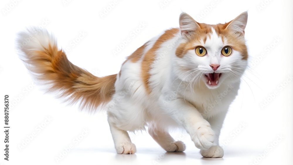 Obraz premium Fluffy white and ginger cat with bright yellow eyes looking surprised with mouth open and walking forward on white background