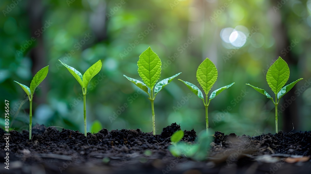 Five green saplings in a row, increasing in height from left to right, planted in rich soil with a soft-focus forest backdrop, symbolizing natural growth and development. Five green saplings in a row, increasing in height from left to right, planted in rich soil with a soft-focus forest backdrop, symbolizing natural growth and development.