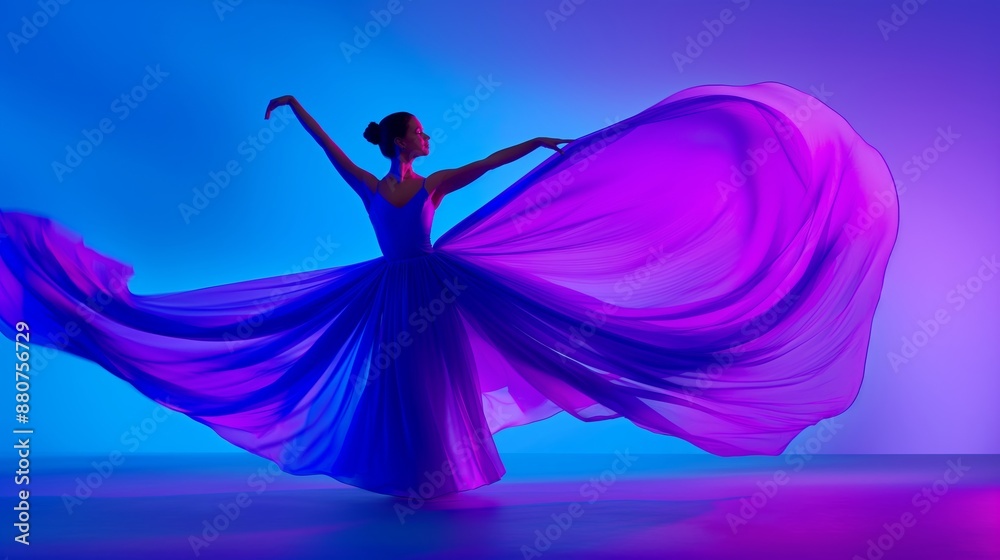 Fototapeta premium A woman in a purple dress is dancing with a long flowing skirt. The image has a dreamy and ethereal quality, with the woman's movements and the flowing skirt creating a sense of grace and beauty