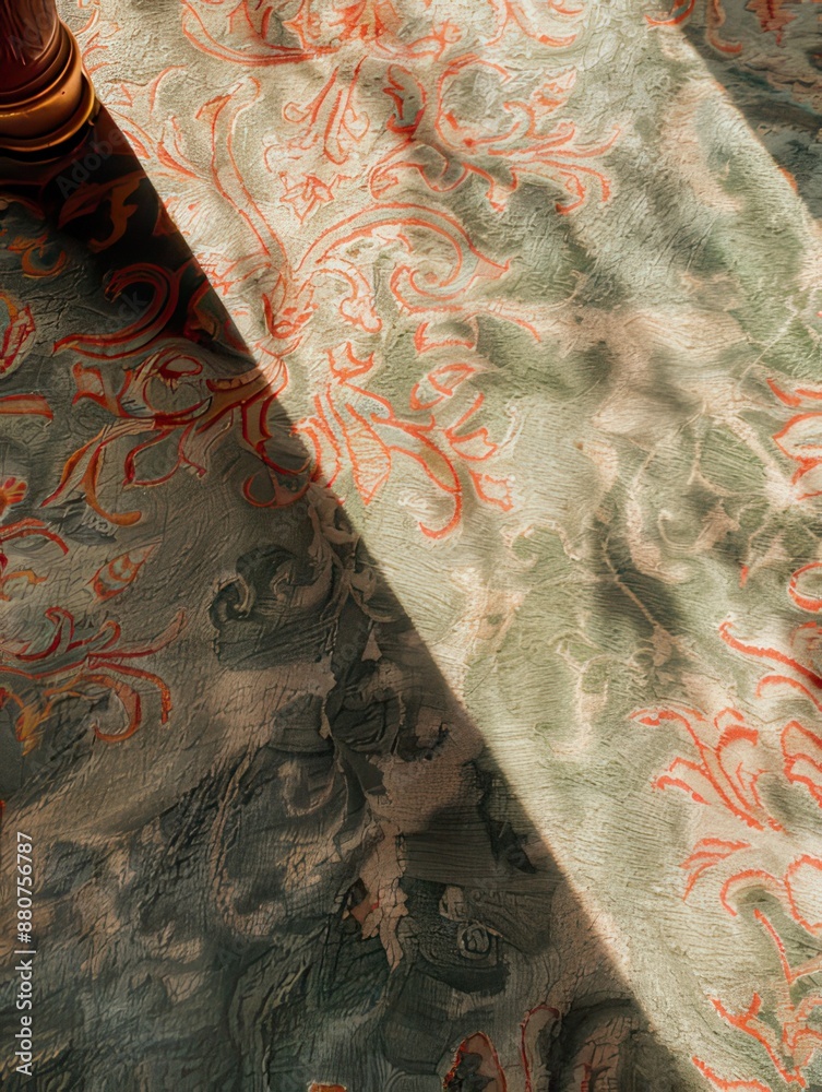 Ornate green fabric with red and orange floral pattern and shadows Ornate green fabric with red and orange floral pattern and shadows