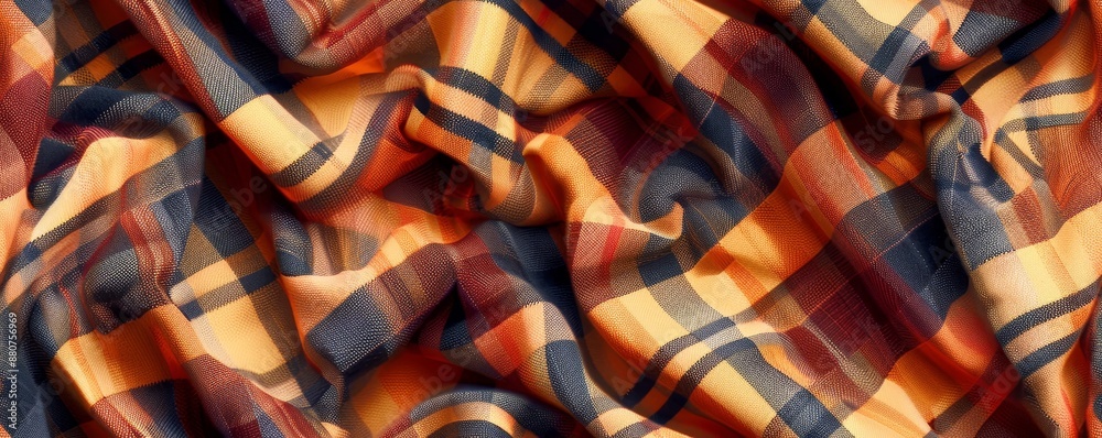 Close-up of vibrant multicolored plaid fabric with orange and navy stripes, creating a cozy and textured background for fashion and design projects. Close-up of vibrant multicolored plaid fabric with orange and navy stripes, creating a cozy and textured background for fashion and design projects.
