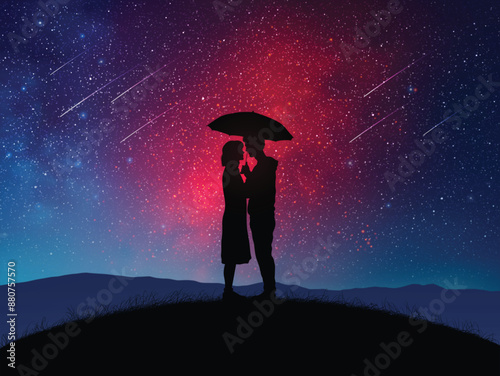 Lovers with umbrella. Couple silhouette. Falling stars in romantic sky