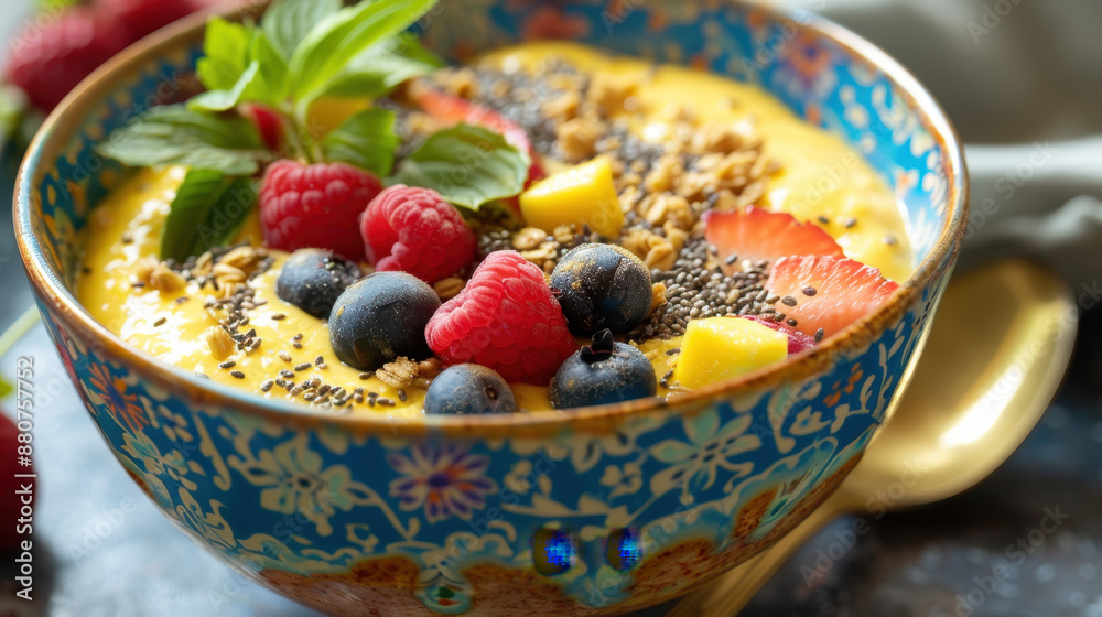 Vibrant fruit smoothie bowl with granola, chia seeds, berries, and fresh mint in a decorative blue bowl Vibrant fruit smoothie bowl with granola, chia seeds, berries, and fresh mint in a decorative blue bowl