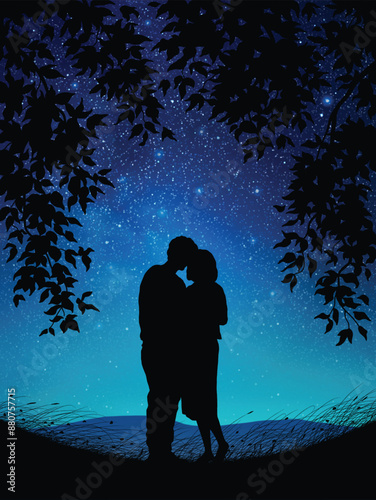 Lovers embrace under tree. Couple silhouette. Romantic night blue sky