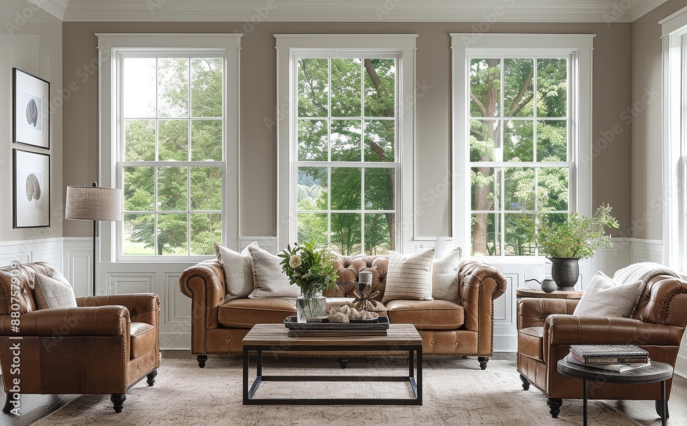 Fototapeta premium Elegant Living Room with Three White-Framed Windows and Light Gray Walls - Brown Leather Sofa, Armchairs, Decorative Coffee Table, and Soft Floor Lamp, Embodying Modern Comfort with Minimalist Editing