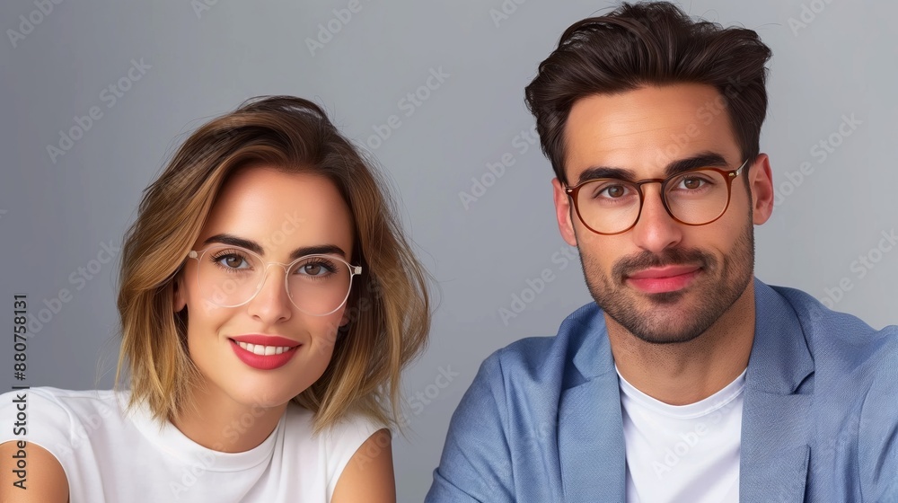 A man and a woman are smiling for the camera. The woman is wearing glasses and the man is wearing a blue shirt A man and a woman are smiling for the camera. The woman is wearing glasses and the man is wearing a blue shirt