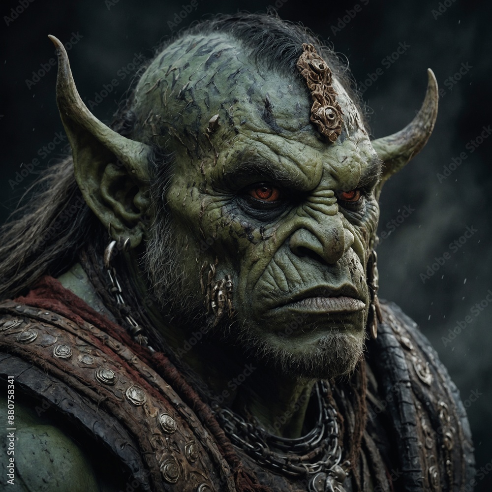 In the depths of a darkwave-driven world, an intricate orc emerges from the watercolor painting, his rugged features etched in intricate detail. The image, a stunning painting, showcases the orc's chi In the depths of a darkwave-driven world, an intricate orc emerges from the watercolor painting, his rugged features etched in intricate detail. The image, a stunning painting, showcases the orc's chi