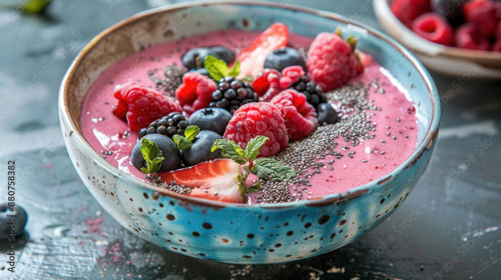 Healthy berry smoothie bowl with chia seeds, fresh raspberries, blackberries, blueberries, and strawberries in a ceramic bowl Healthy berry smoothie bowl with chia seeds, fresh raspberries, blackberries, blueberries, and strawberries in a ceramic bowl