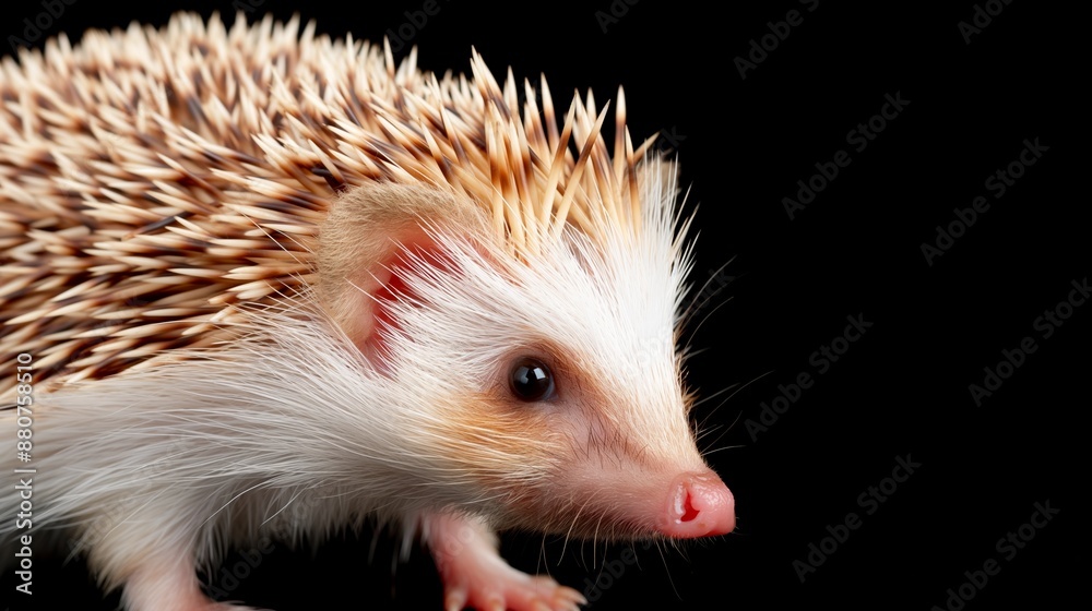 A white and brown hedgehog with a black background. The hedgehog is looking at the camera A white and brown hedgehog with a black background. The hedgehog is looking at the camera