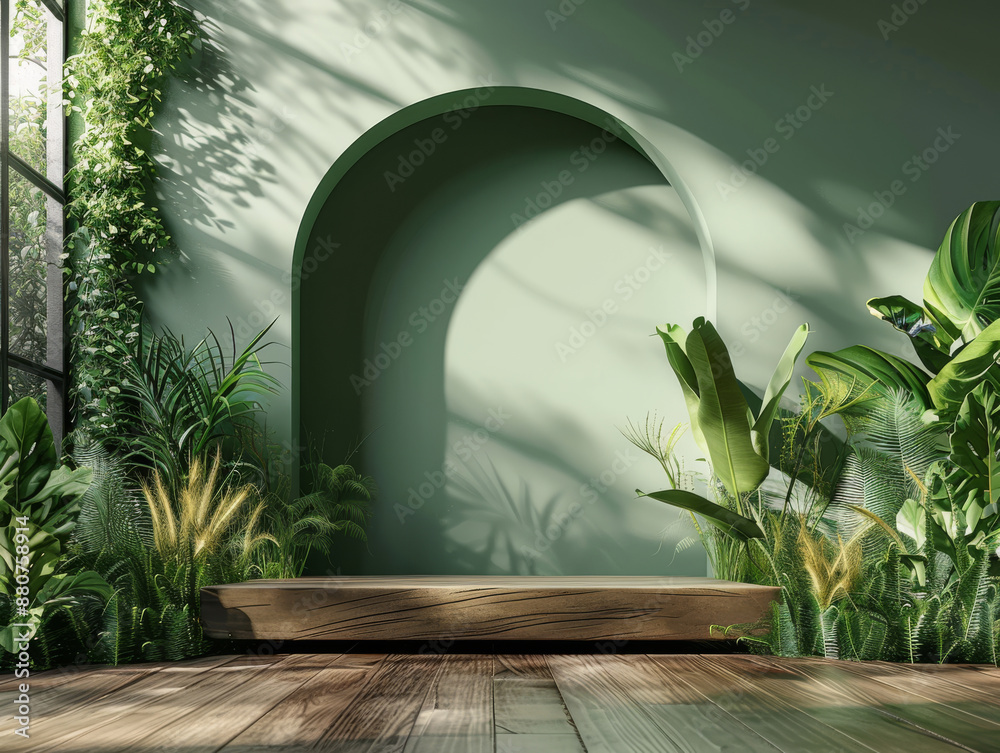 wood podium mockup for product display with green leaves and plants wood podium mockup for product display with green leaves and plants