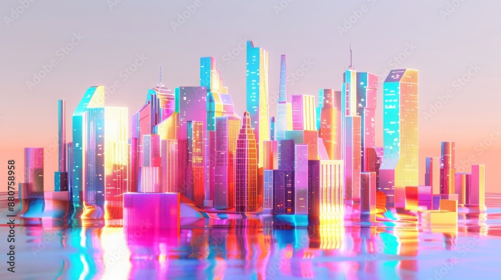 3D Vibrant Modern Art Illustration of a Neon Cityscape on White Background 3D Vibrant Modern Art Illustration of a Neon Cityscape on White Background
