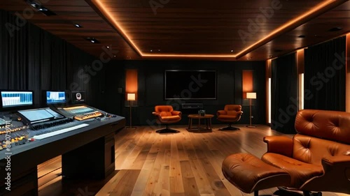 This is a video of a recording studio. There is a mixing console, a large screen, and several comfortable chairs in the room. photo