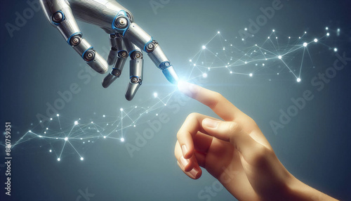 The human finger delicately touches the finger of a robot's metallic finger. Concept of harmonious coexistence of humans and AI technology photo