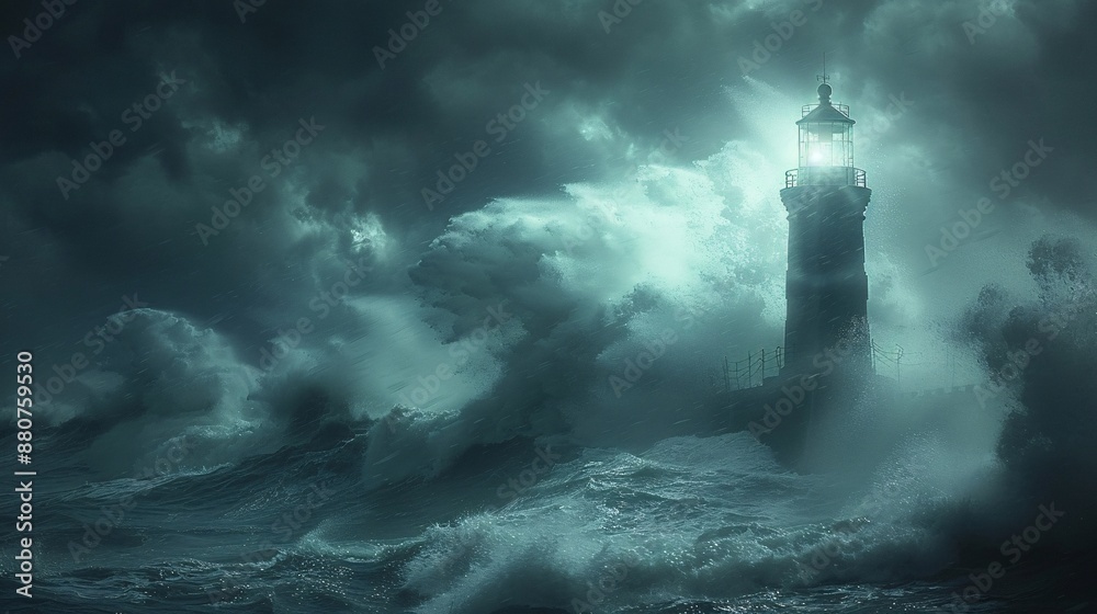 Haunted lighthouse on a stormy night with ghostly figures and crashing waves