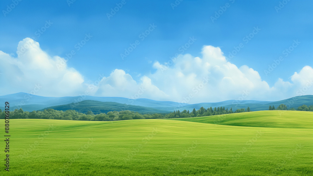 Green Field Wallpaper. Serene Summer Landscape with Rolling Hills, and Blue Sky, Ideal for Tranquil Nature Scenes, Backgrounds, Wallpapers, Environmental Promotions, Posters, and Seasonal Designs Green Field Wallpaper. Serene Summer Landscape with Rolling Hills, and Blue Sky, Ideal for Tranquil Nature Scenes, Backgrounds, Wallpapers, Environmental Promotions, Posters, and Seasonal Designs