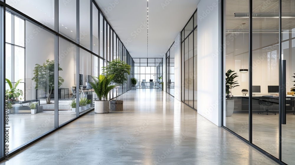 Fototapeta premium Spacious Empty Office Corridor with White Walls, Glass Windows, and Modern Design Elements - Black Metal Window Frames, Polished Concrete Floors, Lined with Indoor Plants, Clean Professional Lighting