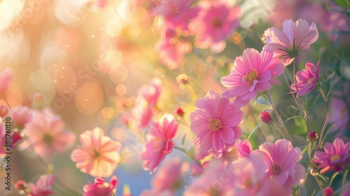 Pink cosmos flowers in soft sunlight with blurred background