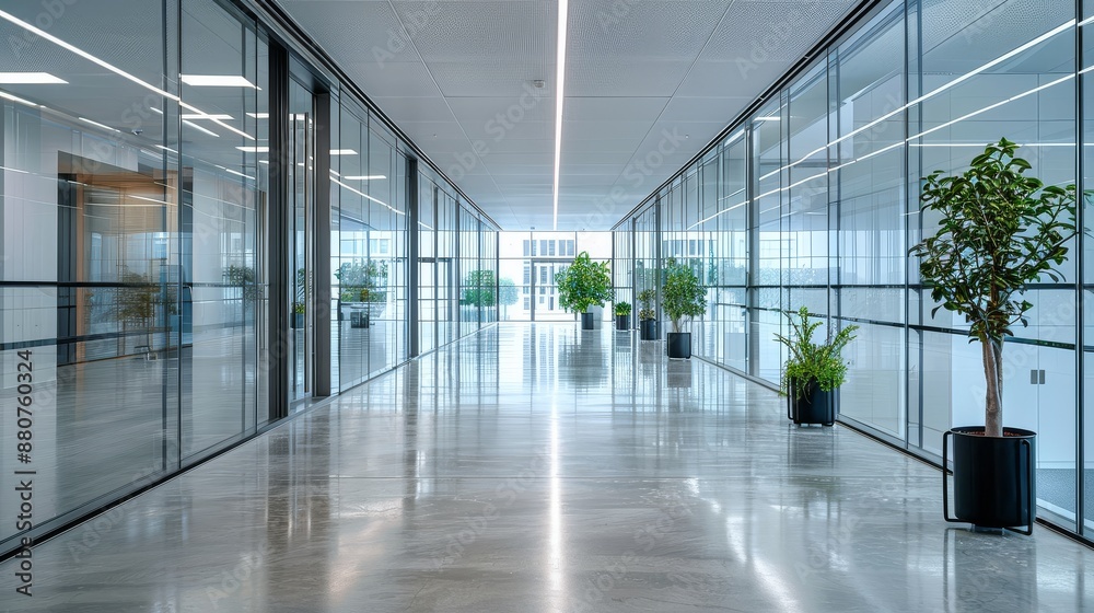 Spacious Empty Office Corridor with White Walls, Glass Windows, and Modern Design Elements - Black Metal Window Frames, Polished Concrete Floors, Lined with Indoor Plants, Clean Professional Lighting Spacious Empty Office Corridor with White Walls, Glass Windows, and Modern Design Elements - Black Metal Window Frames, Polished Concrete Floors, Lined with Indoor Plants, Clean Professional Lighting