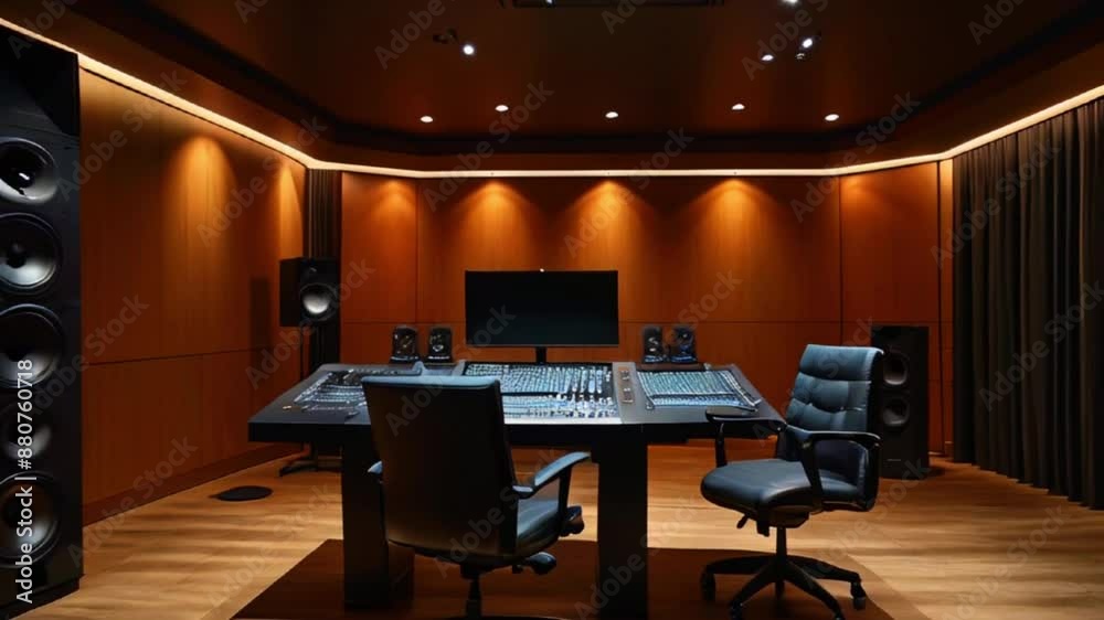 This is a professional music or sound production studio. There is a large mixing console in the center of the room, with speakers on both sides. There is a computer monitor on top of the console. This is a professional music or sound production studio. There is a large mixing console in the center of the room, with speakers on both sides. There is a computer monitor on top of the console.