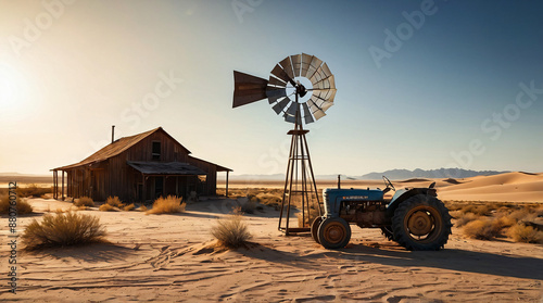 Windmill, barn and tractor on farm in the desert