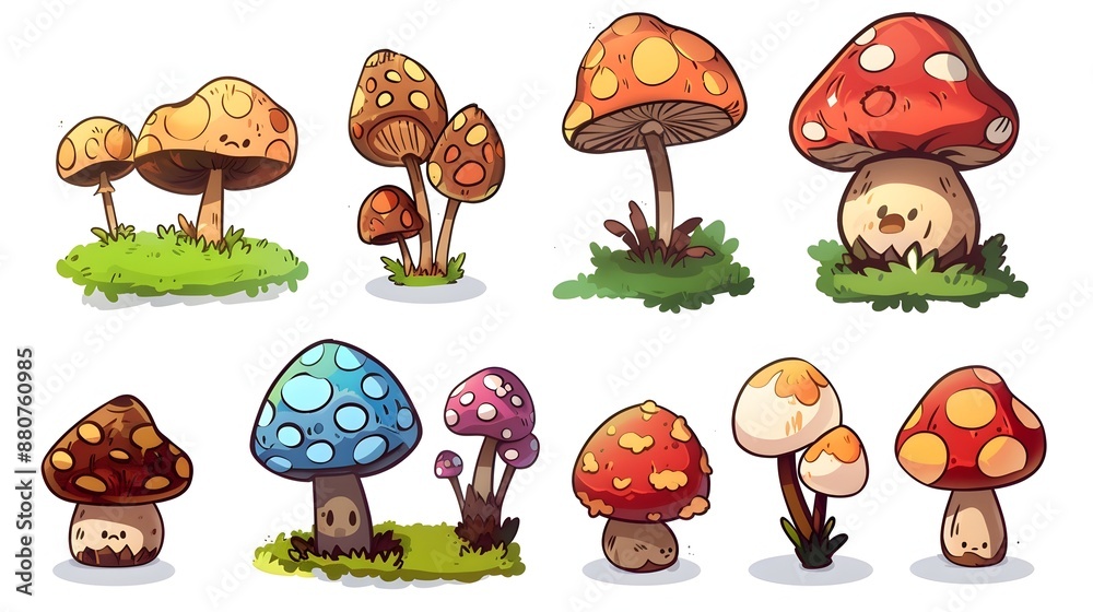 Whimsical Cartoon Mushroom Cluster in Fantasy Forest Landscape