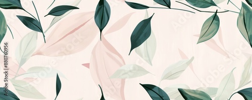 Seamless pattern of green and pink leaves on a light background. Elegant botanical design for wallpaper, fabric, and decor. © Sodapeaw
