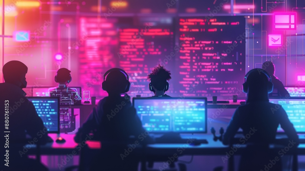 Silhouettes of developers working in a vibrant, neon-colored tech environment, focused on coding and software development at computer screens. Silhouettes of developers working in a vibrant, neon-colored tech environment, focused on coding and software development at computer screens.