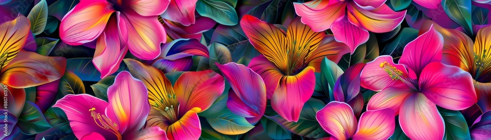 custom made wallpaper toronto digitalVibrant, colorful floral pattern with pink, purple, and yellow flowers. Perfect for backgrounds, textiles, and decorative designs.