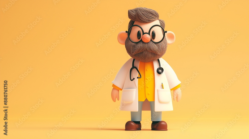 Cartoon Doctor Character with Beard in White Coat and Stethoscope on Yellow Background - 3D Illustration for Healthcare, Medical Themes, and Educational Design Cartoon Doctor Character with Beard in White Coat and Stethoscope on Yellow Background - 3D Illustration for Healthcare, Medical Themes, and Educational Design