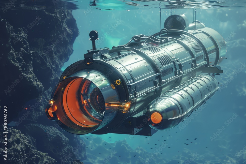 A bathyscaphe for exploring the depths of the sea floats along underwater rocks, a submarine view under water A bathyscaphe for exploring the depths of the sea floats along underwater rocks, a submarine view under water