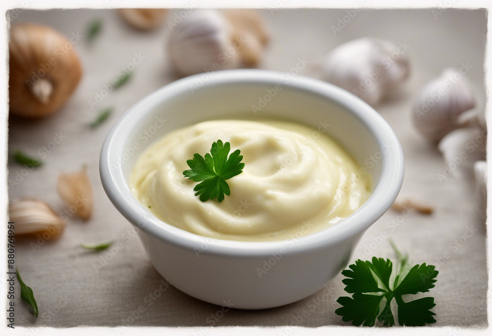 garlic butter sauce in a ramekin, with fresh garlic cloves, ad shot, copy space for text garlic butter sauce in a ramekin, with fresh garlic cloves, ad shot, copy space for text