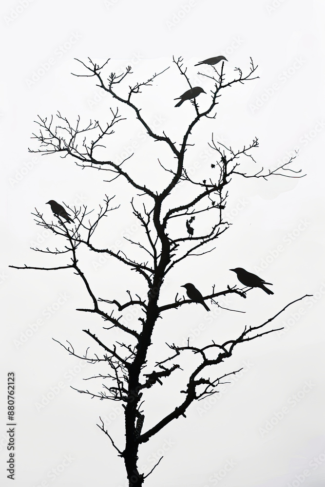 Fototapeta premium A black and white sketch of a tree with birds perched on its branches