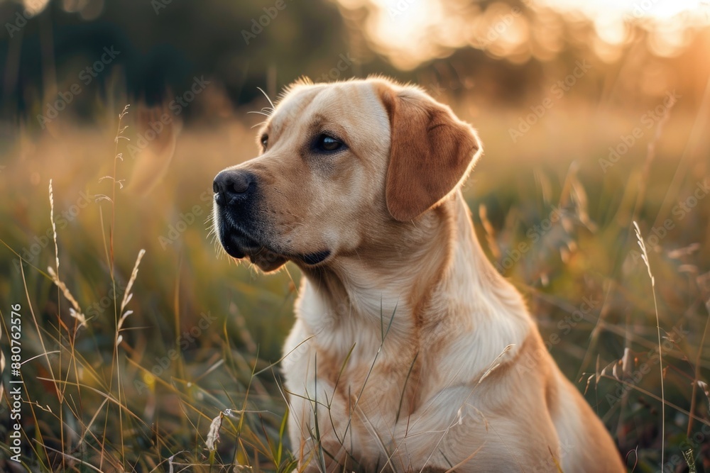 Yellow Labrador Portrait: Cute Purebred Dog Enjoying Park Field Yellow Labrador Portrait: Cute Purebred Dog Enjoying Park Field