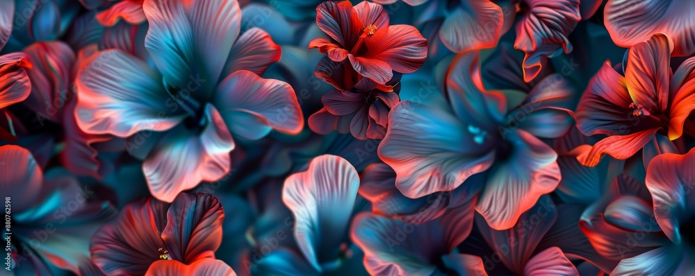 Vibrant red and blue hibiscus flowers with intricate petal details, creating a stunning and colorful floral pattern on a dark background. Vibrant red and blue hibiscus flowers with intricate petal details, creating a stunning and colorful floral pattern on a dark background.