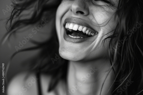 Happy female model laughing black and white portrait. Beautiful laughing woman face. Pretty girl laughs.
